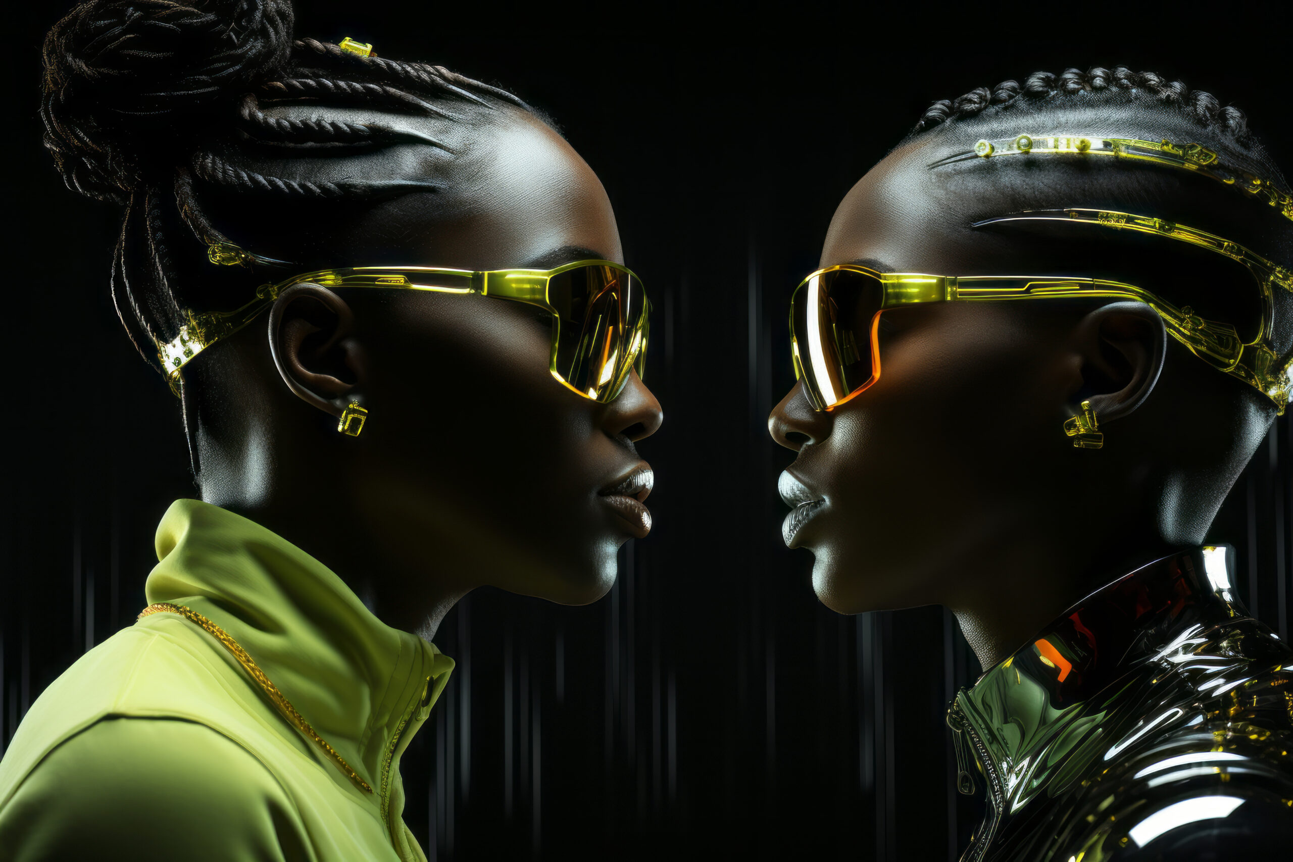 Young male twins, one in neon green shades and the other in sleek metallic grays, sharing a virtual space with their profiles locked in a friendly conversation, in the style of digital approach, digital art --ar 3:2 --stylize 750 --v 5.2